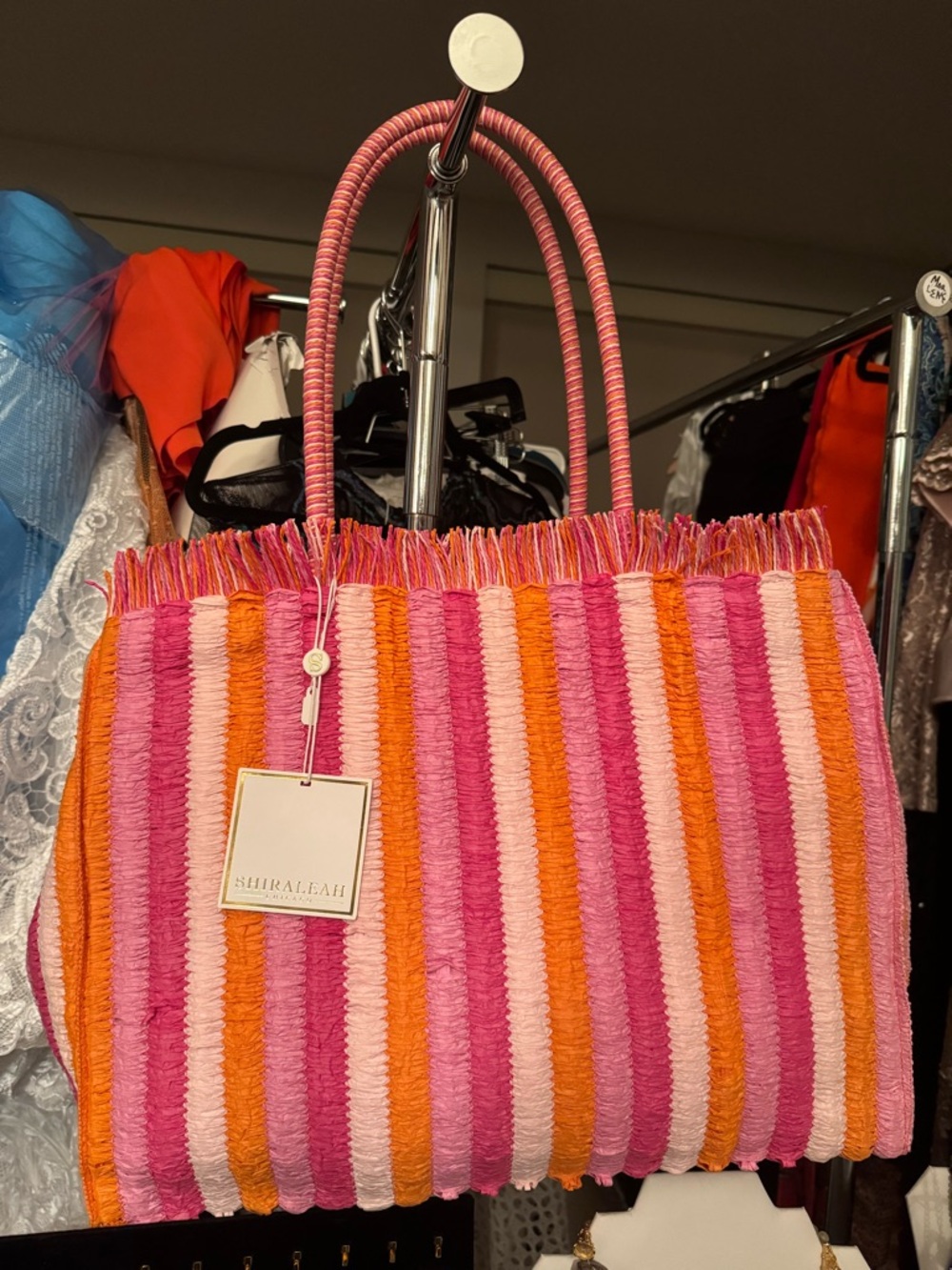 Shiraleah Pink, Orange & Cream Striped Straw Tote